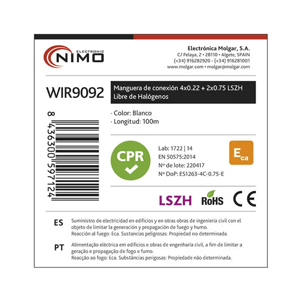 MANGUERA PARA ALARMA Y PORTERO LSZH Y CPR 4+2 CABLES WIR9092 MOLGAR - Imagen 2