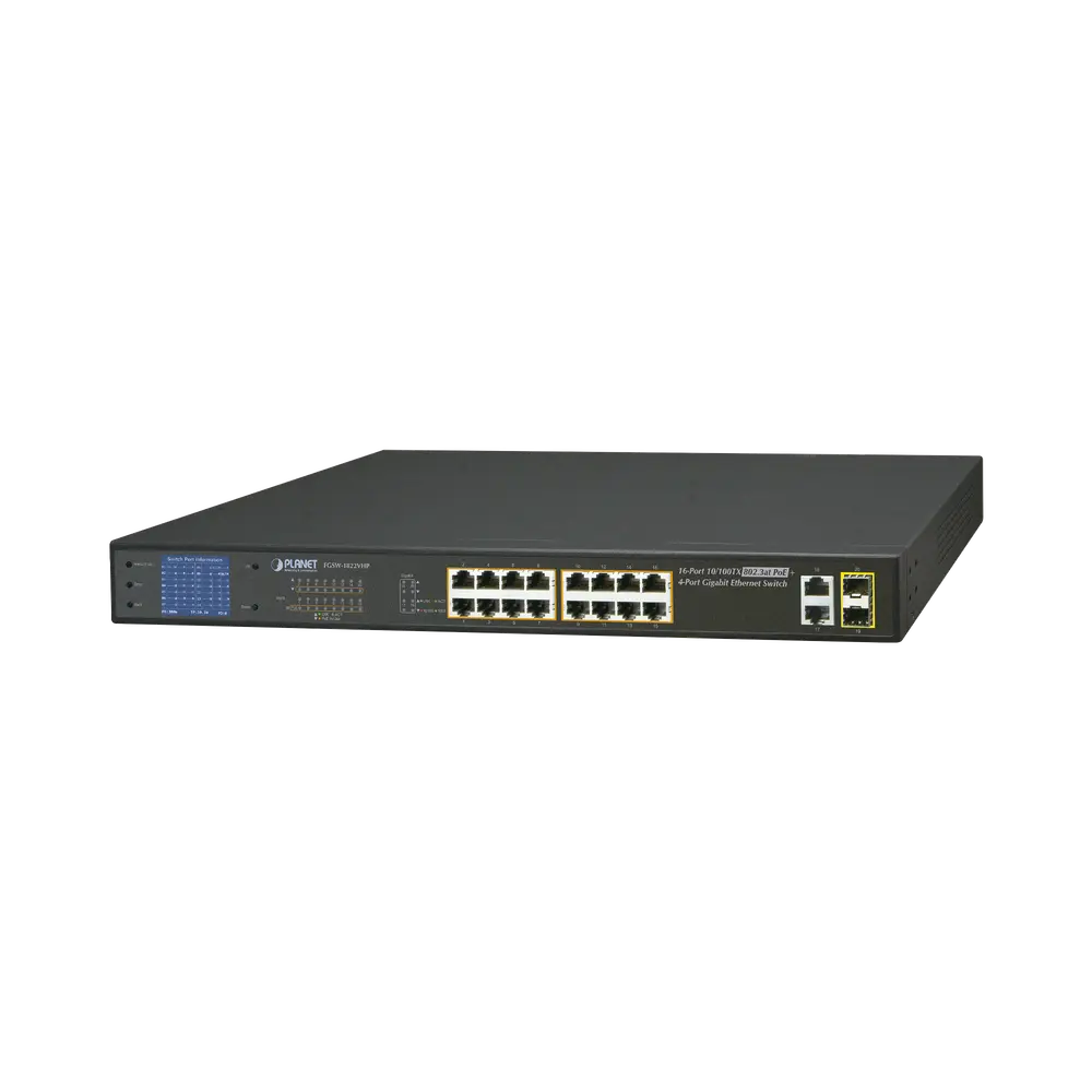 Switch no administrable PoE+ Extended, Aislamiento VLAN de 16 puertos + 2 combo TP/SFP Gigabit y Pantalla - Imagen 2
