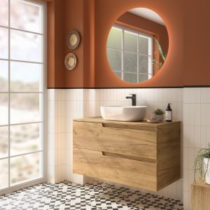 Conjunto mueble de baño de 2 cajones 80 cm VIMA roble + Encimera roble de Salgar